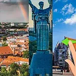 Hình ảnh ghép gồm các bức tượng nổi tiếng từ nhiều nơi khác nhau và một bàn tay chỉ vào chúng