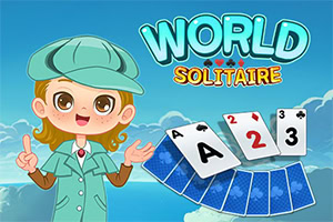 Một nhân vật hoạt hình đội mũ xanh đứng bên cạnh các quân bài và chữ World Solitaire trên nền trời xanh