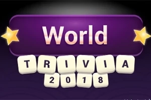 Biểu ngữ màu tím với dòng chữ World Trivia 2018 cùng các ngôi sao màu vàng ở hai bên