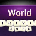 Biểu ngữ màu tím với dòng chữ World Trivia 2018 cùng các ngôi sao màu vàng ở hai bên