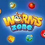 Hình ảnh hiển thị chữ Worms Zone ở giữa với các con sâu nhiều màu sắc xung quanh và các đồ ăn như phô mai, lọ thuốc, và cà chua