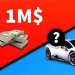 Một hình ảnh chia đôi với bên trái là biểu tượng 1 triệu đô la với các cọc tiền mặt, bên phải là một chiếc siêu xe màu trắng