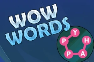 Chữ WOW WORDS màu xanh, nổi bật trên nền xanh, kèm vòng tròn kết nối các chữ cái P, Y, H, A