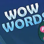 Chữ WOW WORDS màu xanh, nổi bật trên nền xanh, kèm vòng tròn kết nối các chữ cái P, Y, H, A