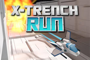 Phi thuyền không gian bay trong hành lang với vụ nổ phía sau và dòng chữ X-Trench Run