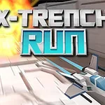 Phi thuyền không gian bay trong hành lang với vụ nổ phía sau và dòng chữ X-Trench Run
