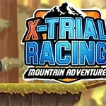 Người lái mô tô địa hình trong rừng với logo X-Trial Racing Mountain Adventure nổi bật