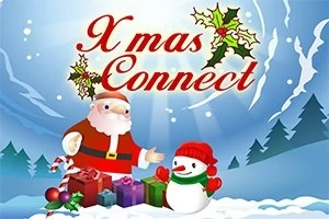 Ông già Noel và người tuyết đứng cạnh nhau với hộp quà xung quanh, nền tuyết và cây xanh, tiêu đề “Xmas Connect” phía trên