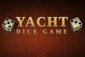 Hình ảnh có nền gỗ nâu với hai viên xí ngầu và dòng chữ YACHT DICE GAME bằng màu vàng