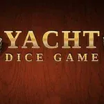Hình ảnh có nền gỗ nâu với hai viên xí ngầu và dòng chữ YACHT DICE GAME bằng màu vàng