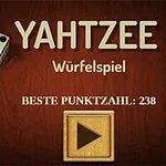 Hai viên xúc xắc và nút phát trên nền gỗ với chữ Đức