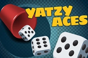 Cốc đỏ và xúc xắc trắng với chữ nổi bật Yatzy Aces trên nền xanh kẻ caro