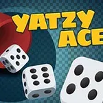 Cốc đỏ và xúc xắc trắng với chữ nổi bật Yatzy Aces trên nền xanh kẻ caro
