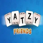 Chữ YATZY FRIENDS xuất hiện trên nền xanh với hình xúc xắc vui nhộn bên cạnh bảng điểm