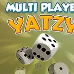 Tiêu đề MULTI PLAYER YATZY với ba con xúc xắc đang lăn trên nền màu xanh lá nhạt
