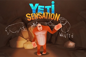 Một nhân vật Yeti màu cam đứng trong hang động với dòng chữ Yeti Sensation bên trên và các hình vẽ nguệch ngoạc trên tường