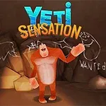 Một nhân vật Yeti màu cam đứng trong hang động với dòng chữ Yeti Sensation bên trên và các hình vẽ nguệch ngoạc trên tường
