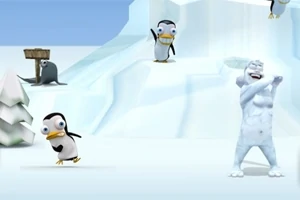 Chú chim cánh cụt và người tuyết Yeti đang vui đùa trên nền băng tuyết với một chú chim cánh cụt khác và một con hải cẩu ở phía xa
