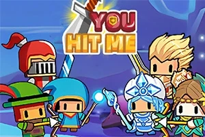 Nhân vật hoạt hình nhỏ nhắn với trang phục đa dạng và vũ khí đứng xung quanh dòng chữ YOU HIT ME trong bối cảnh hoạt hình tươi sáng