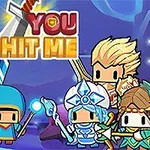 Nhân vật hoạt hình nhỏ nhắn với trang phục đa dạng và vũ khí đứng xung quanh dòng chữ YOU HIT ME trong bối cảnh hoạt hình tươi sáng