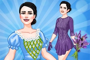 Hai người phụ nữ với trang phục thời trang màu tím và xanh dương, một người cầm bó hoa, nền xanh có hiệu ứng ánh sáng