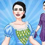 Hai người phụ nữ với trang phục thời trang màu tím và xanh dương, một người cầm bó hoa, nền xanh có hiệu ứng ánh sáng