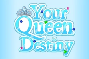 Dòng chữ Your Queen Destiny màu xanh viền trắng với vương miện nhỏ phía trên chữ Q, nền xanh nhạt