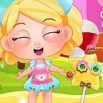 Một nhân vật hoạt hình tóc vàng vui cười đứng giữa những cây kẹo màu sắc sáng rực rỡ