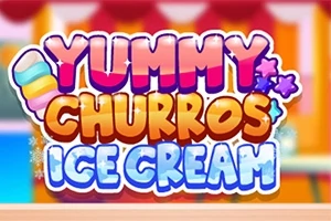 Chữ Yummy Churros Ice Cream với chữ màu sắc và hình nền màu sắc rực rỡ