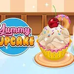 Bánh cupcake với lớp kem vani, rắc màu sắc, quả cherry trên cùng, bên cạnh một ly nước màu sắc rực rỡ và vòng bánh rắc màu trên nền nhà bếp