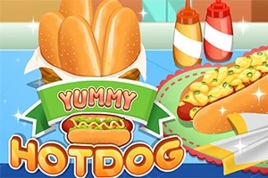 Bánh mì kẹp xúc xích với nước sốt và rau trang trí, bên cạnh chai nước sốt đỏ và vàng, kèm dòng chữ Yummy Hotdog