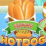 Bánh mì kẹp xúc xích với nước sốt và rau trang trí, bên cạnh chai nước sốt đỏ và vàng, kèm dòng chữ Yummy Hotdog