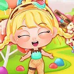 Nhân vật hoạt hình tóc vàng vui vẻ đứng giữa cảnh quan kẹo với kẹo mút và đồ ngọt xung quanh