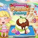 Cô bé dễ thương với nơ xanh đứng cạnh đĩa bánh kếp nhiều tầng phủ socola, xung quanh là khung cảnh sặc sỡ với kẹo và cầu vồng
