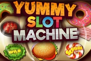 Hình ảnh bánh rán, hamburger, ớt đỏ và các biểu tượng slot máy với chữ Yummy Slot Machine