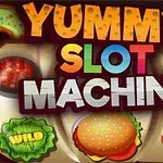 Hình ảnh bánh rán, hamburger, ớt đỏ và các biểu tượng slot máy với chữ Yummy Slot Machine