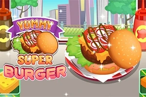Hình ảnh mô tả một chiếc bánh burger lớn với rau diếp, cà chua, phô mai và nước sốt trên đĩa, nền là một thành phố với các tòa nhà và cây cối