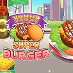 Hình ảnh mô tả một chiếc bánh burger lớn với rau diếp, cà chua, phô mai và nước sốt trên đĩa, nền là một thành phố với các tòa nhà và cây cối