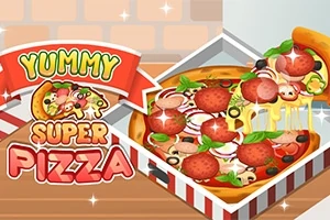 Hình ảnh một chiếc bánh pizza đang mở hộp, được trang trí với nhiều lớp phủ như pepperoni, hành tây, ô liu, và phô mai chảy