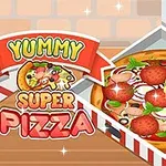 Hình ảnh một chiếc bánh pizza đang mở hộp, được trang trí với nhiều lớp phủ như pepperoni, hành tây, ô liu, và phô mai chảy