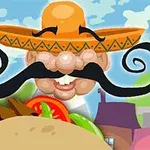 Người đàn ông đội mũ rộng vành với ria mép lớn đứng sau một chiếc bánh taco đầy màu sắc