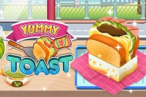 Bánh mì nướng kẹp với rau và sốt bên cạnh chữ Yummy Toast sáng màu