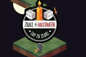 Hình ảnh có biểu tượng game Halloween với ngọn nến, hai đầu lâu và dòng chữ ZBall 4 Halloween, kèm theo nhân vật nhỏ đứng trên nền gạch xanh