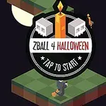 Hình ảnh có biểu tượng game Halloween với ngọn nến, hai đầu lâu và dòng chữ ZBall 4 Halloween, kèm theo nhân vật nhỏ đứng trên nền gạch xanh
