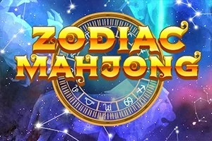 Chữ lớn Zodiac Mahjong màu vàng nổi bật trên nền vũ trụ với hình ảnh cung hoàng đạo