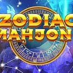 Chữ lớn Zodiac Mahjong màu vàng nổi bật trên nền vũ trụ với hình ảnh cung hoàng đạo