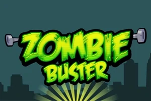 Dòng chữ Zombie Buster màu xanh lá nổi bật trên nền bóng tối của thành phố, với hai quả tạ ở hai bên