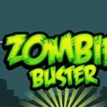 Dòng chữ Zombie Buster màu xanh lá nổi bật trên nền bóng tối của thành phố, với hai quả tạ ở hai bên