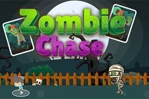 Hình ảnh với tiêu đề lớn nhiều màu sắc Zombie Chase trên nền tối, có cảnh hàng rào gỗ, cây trụi lá và một nhân vật zombie đang đuổi theo nhân vật khác