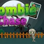 Hình ảnh với tiêu đề lớn nhiều màu sắc Zombie Chase trên nền tối, có cảnh hàng rào gỗ, cây trụi lá và một nhân vật zombie đang đuổi theo nhân vật khác